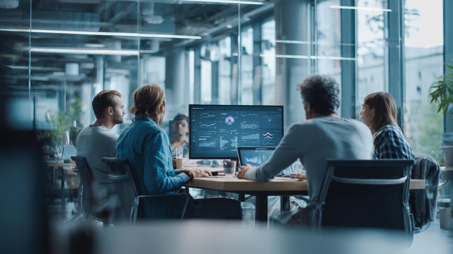 Een team bespreekt digitale gegevens en statistieken op een groot scherm in een moderne kantoorruimte