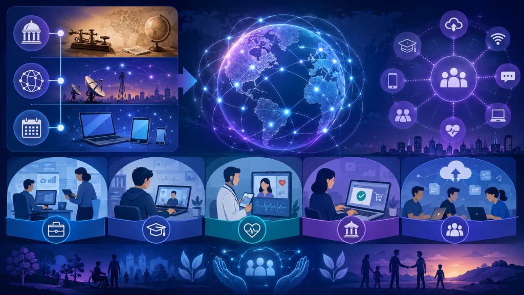 Infografiek over de geschiedenis en impact van digitale connectiviteit, met iconen voor telecommunicatie, wereldwijde netwerken en toepassingen in werk, onderwijs, zorg en overheid