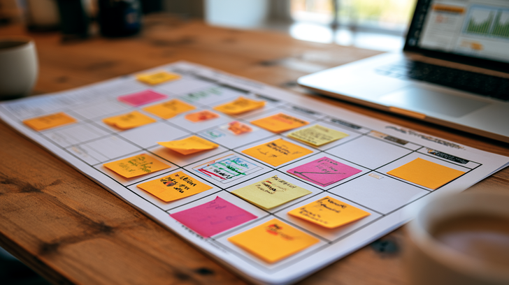 Contentkalender met gekleurde memo's voor het plannen van feestdagen en marketingcampagnes.