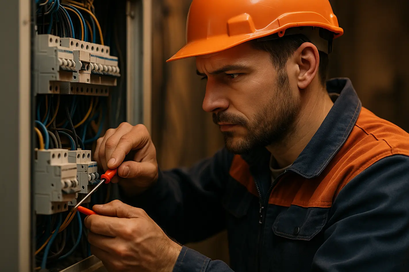 Elektricien werkt aan paneel op Dag van de elektricien