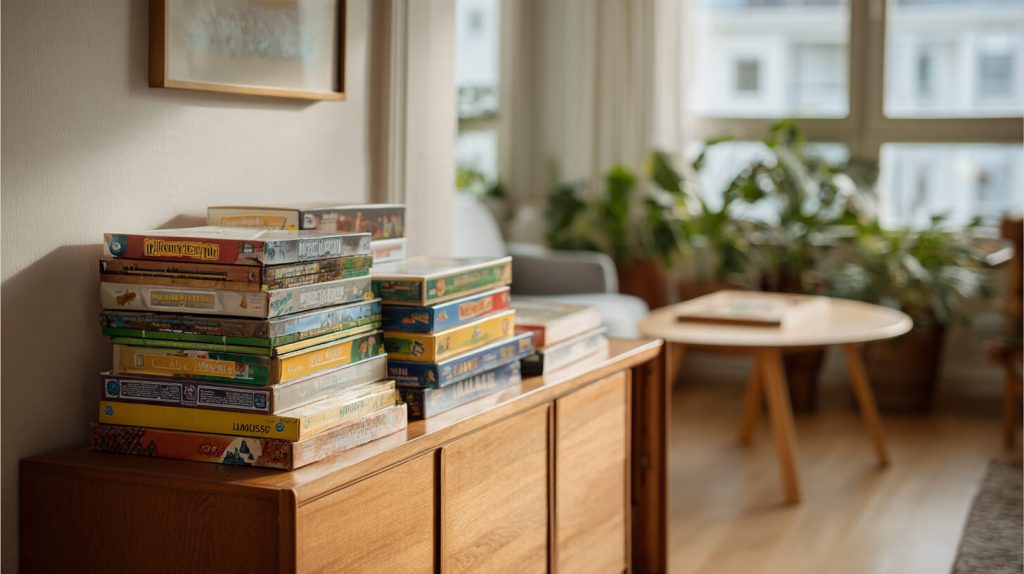 Gestapelde bordspeldozen op een houten dressoir in een zonnige woonkamer met planten en een ronde salontafel