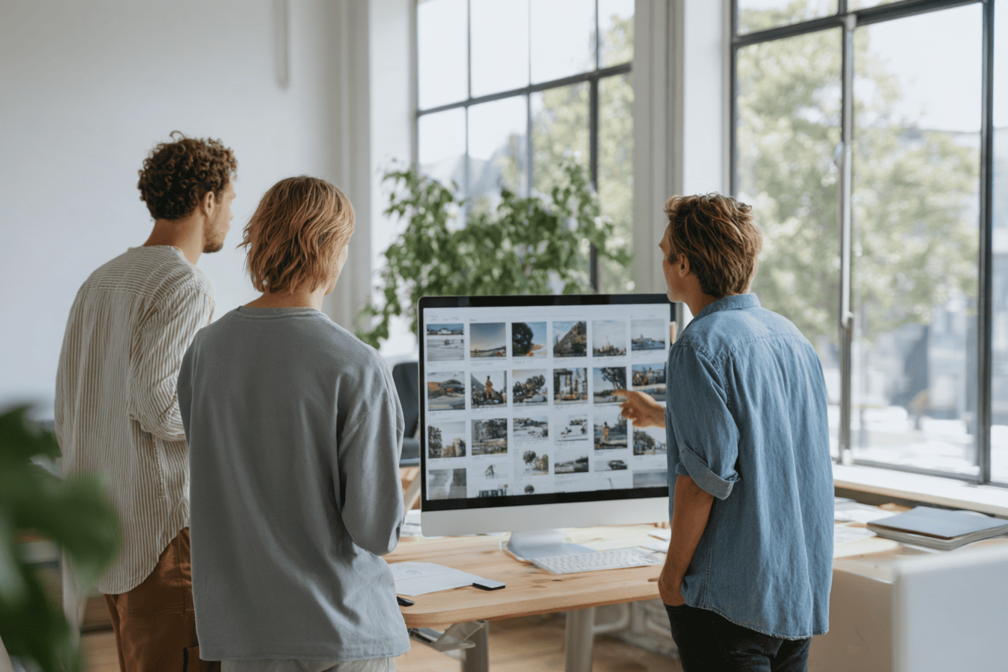 Drie mensen die digitale bestanden bekijken aan een bureau