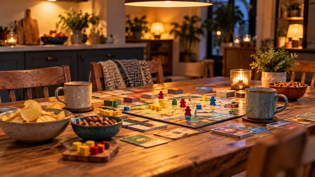 Bordspel met kleurrijke pionnen en kaarten op een houten eettafel, omringd door mokken, chips en kaarslicht