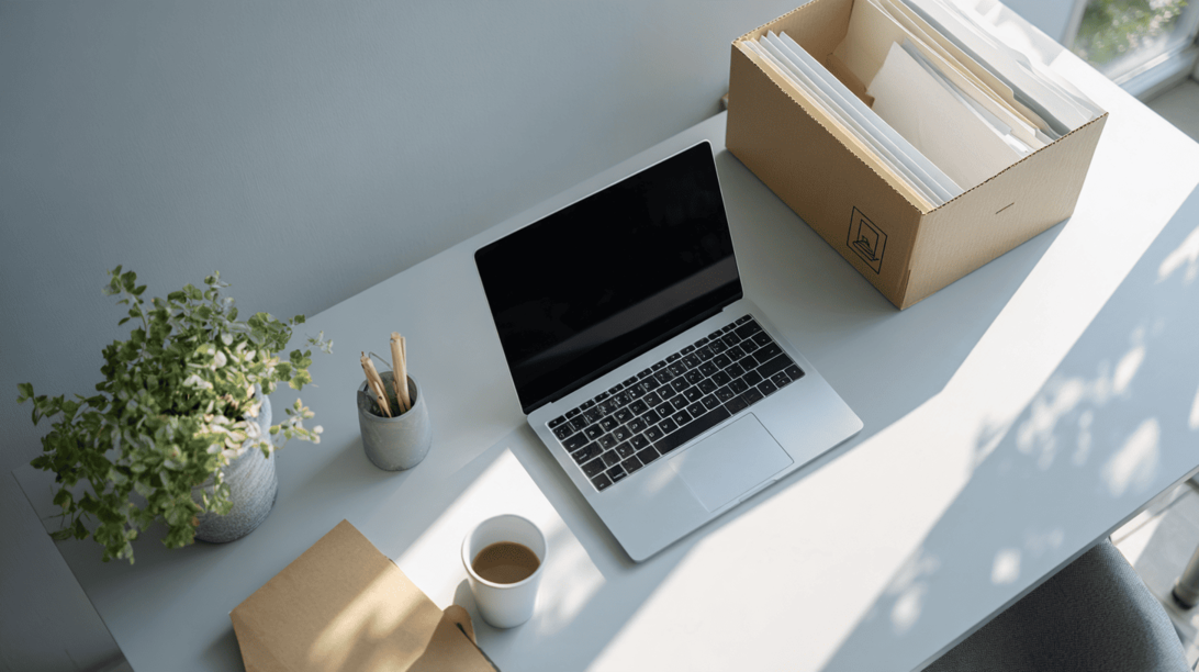 Opgeruimd bureau met folders en laptop